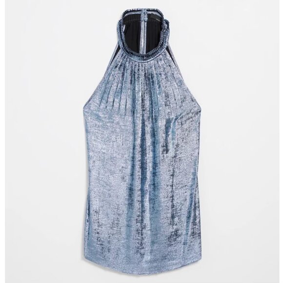 WHBM Halter Pleated Shell Top Blue Metallic 0 - Picture 5 of 10